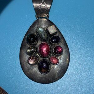 Vtg Gary Sanchez Navajo large silver pendant w/cluster gemstones moon tourmaline